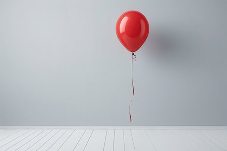 Red balloon flying in the air. 3d rendering. Empty room.の写真素材