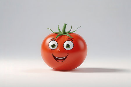 Smiling tomato with eyes and mouth on white background. 3d illustrationの写真素材