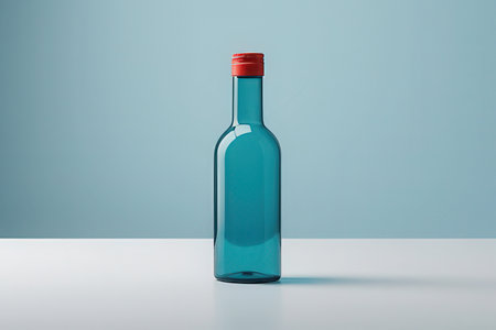 Empty blue bottle on white table and blue background. Mock up, 3D Renderingの写真素材