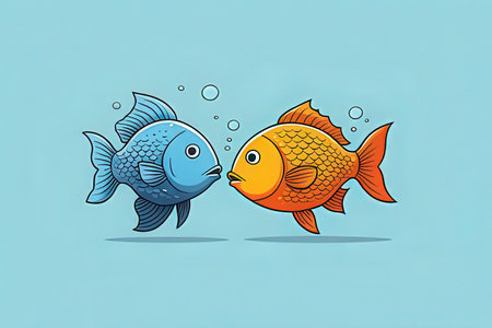 Illustration of two cute cartoon fishes on a blue background with bubblesの写真素材