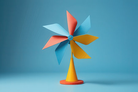 Colorful wind turbine on blue background. 3d render illustration.の写真素材