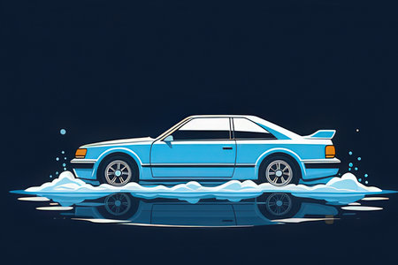 Retro car on the road. Vector illustration in retro style.の写真素材