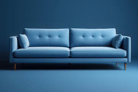 Blue leather sofa on blue background, 3d render, square imageの写真素材
