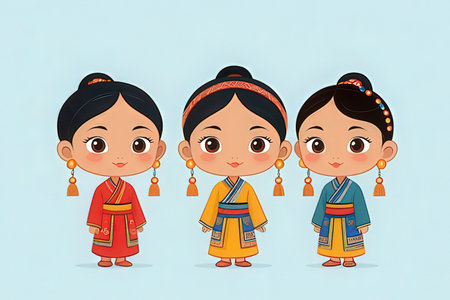 Illustration of Cute Cartoon Kids in Traditional Costume. Vector Illustrationの写真素材