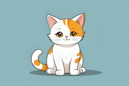 Cute cartoon cat sitting on a blue background. Vector illustration.の写真素材
