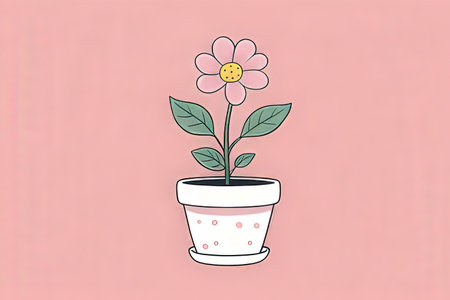 Illustration of a flower in a pot on a pink background.の写真素材