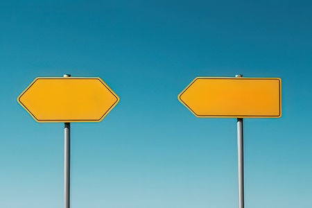 Blank yellow road sign on blue sky background. Copy space for text.の写真素材