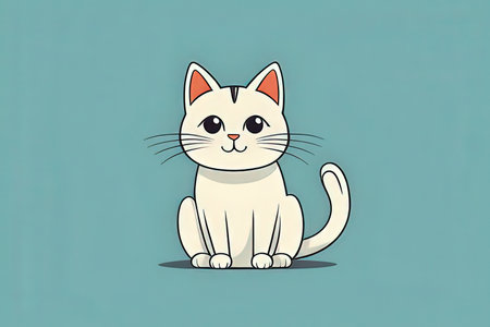 Cute cartoon white cat sitting on blue background. Vector illustration.の写真素材