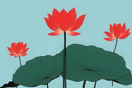 Illustration of three red lotus flowers on a blue background.の写真素材