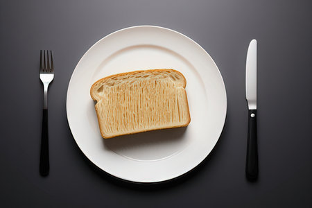 Slice of bread on white plate with knife and fork on black background