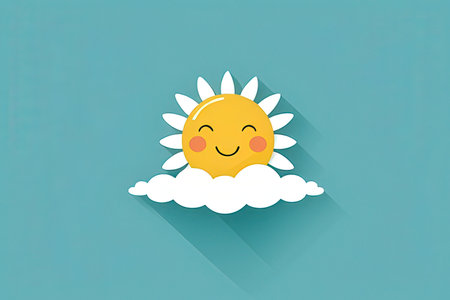 Cute sun on cloud with long shadow, flat design, vector illustrationの写真素材
