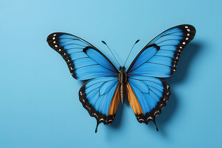 Butterfly on blue background, top view. Space for textの写真素材