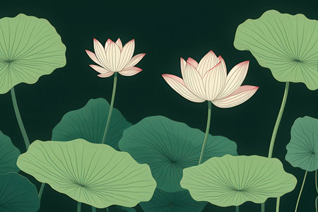 Lotus flowers and leaves on dark green background. Vector illustration.の写真素材