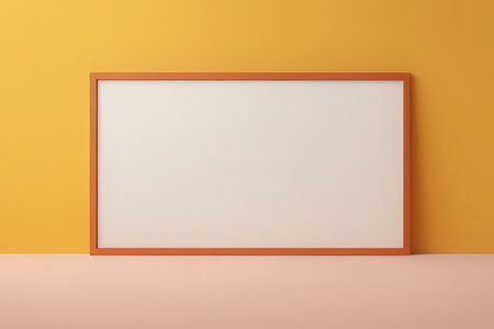 Empty white frame on orange wall. Mock up, 3D Renderingの写真素材