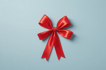 Red ribbon bow on blue background. Top view. Flat lay.