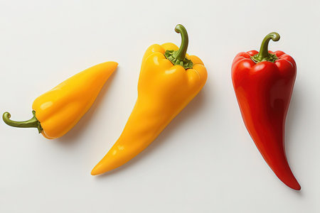 Red and yellow peppers on white background, top view. Flat lay