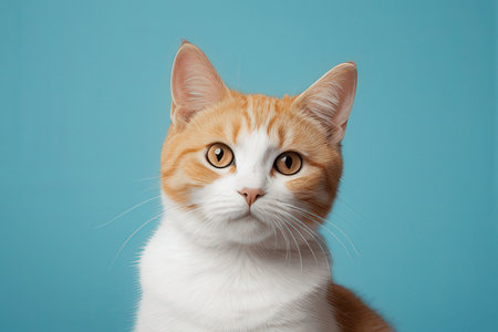 Portrait of a red and white cat on a blue background.の写真素材