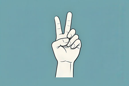 Hand with peace sign. Isolated on blue background. Vector illustration.の写真素材