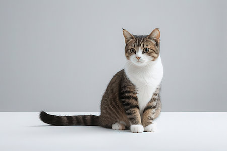 Beautiful tabby cat sitting on white background. Studio shot.の写真素材