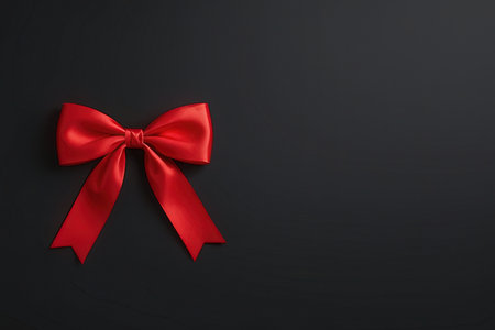 Red bow on black background. Top view with copy space for your textの写真素材