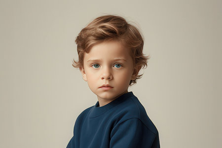 Portrait of a cute little boy in a blue sweater. Studio shotのeditorial素材