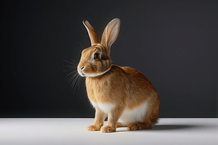 Cute red rabbit sitting on white floor against dark gray background.