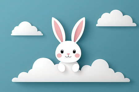 Paper art of cute bunny on the cloud. Paper art style. Vector illustration.の写真素材