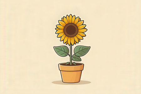 Illustration of sunflower in a pot on a beige backgroundの写真素材