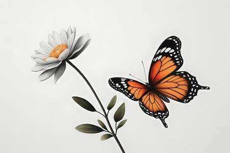 butterfly and daisy on white background. 3d illustrationの写真素材