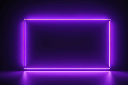 Neon glowing square frame on dark background. 3D Renderingの写真素材