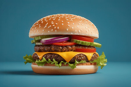 Big tasty hamburger on blue background. 3d render. Concept of fast food.の写真素材