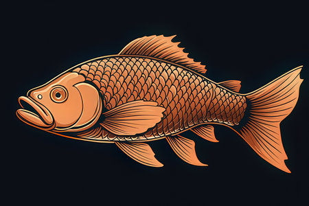 Carp fish vector illustration in vintage style isolated on black background.の写真素材