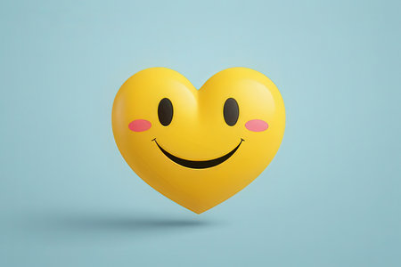 Smiling yellow heart on blue background. 3d illustration. Love conceptの写真素材