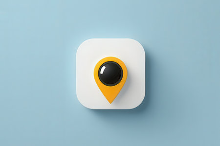 3d rendering of yellow location pin on white button isolated on blue background