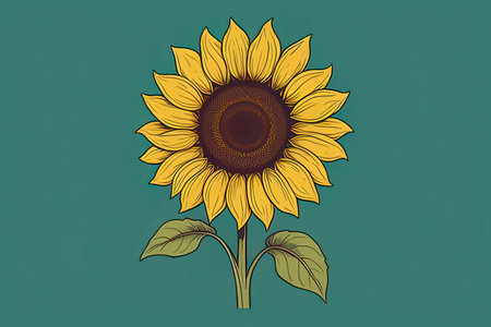 Illustration of a sunflower on a turquoise background.の写真素材