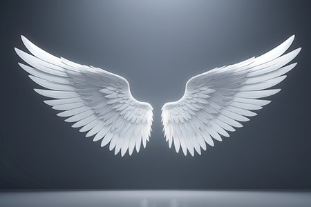 3D rendering of a white angel wings on a gray background.