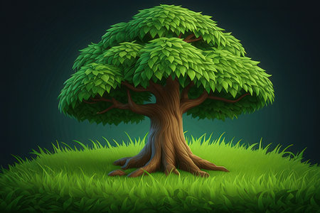 Illustration of a big tree on a green meadow at night
