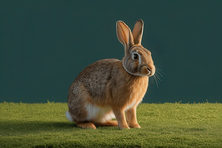 Rabbit sitting on the grass in front of a green background.