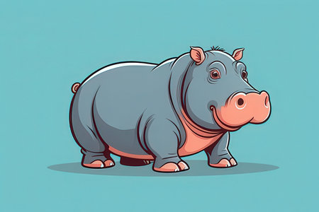 Cartoon hippopotamus standing on a blue background. Vector illustration.の写真素材