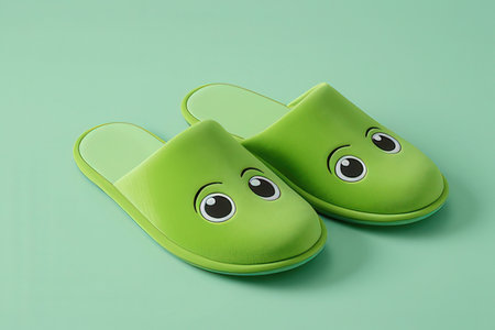 Green slippers with smiley faces on green background. 3d illustrationの写真素材