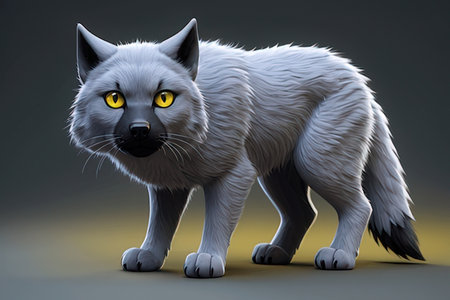 White cat with yellow eyes on a gray background. 3d rendering