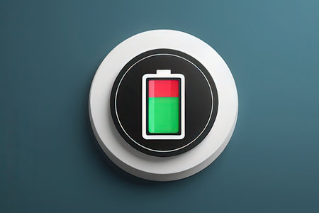 Highly rendering of a battery on a white button with a green backgroundの写真素材