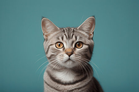 Studio portrait of a scottish straight shorthair cat on blue background