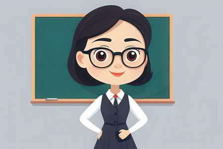 Female teacher standing in front of the blackboard. Vector illustration.の写真素材