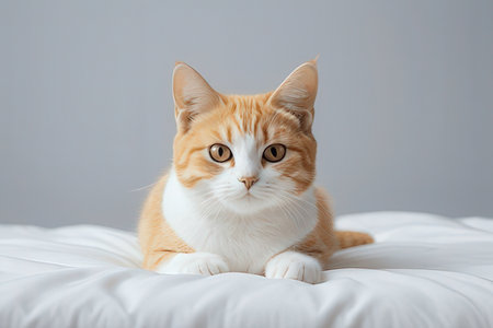 Beautiful red cat lying on white bedding. Studio shot.のeditorial素材