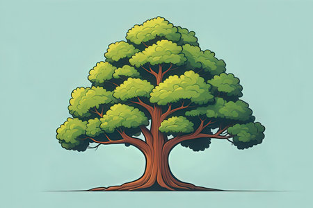 Illustration of a big green tree on a turquoise backgroundの写真素材