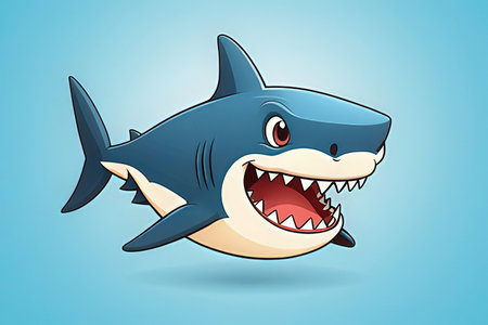 Shark cartoon character isolated on blue background. Vector illustration of a shark.の写真素材