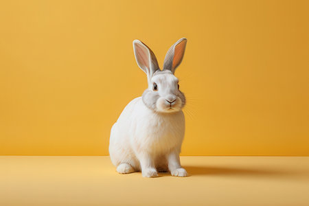 Cute white rabbit sitting on yellow background with copy space for textの写真素材