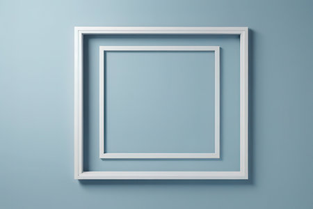 White picture frame on blue wall. 3d render illustration mock up