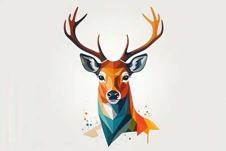 Colorful polygonal deer head with antlers on white backgroundの写真素材